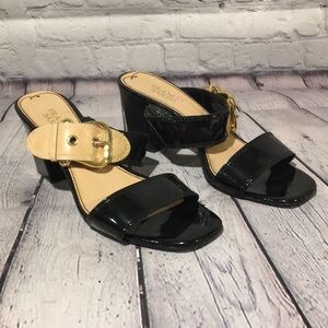 FRANCO SARTO “Lovely” tan and black patent leather slides Sz 9M